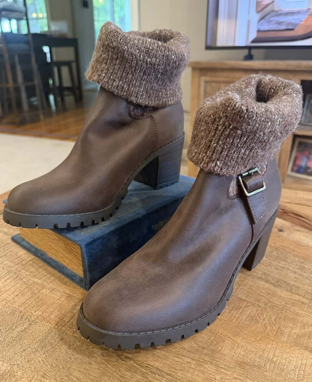 Seychelles Women’s 11M Brown Knit Cuff Ankle Boots 3” Block Heel Lug Sole